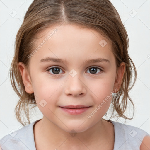 Joyful white child female with medium  brown hair and brown eyes