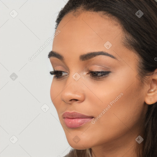 Neutral latino young-adult female with long  brown hair and brown eyes