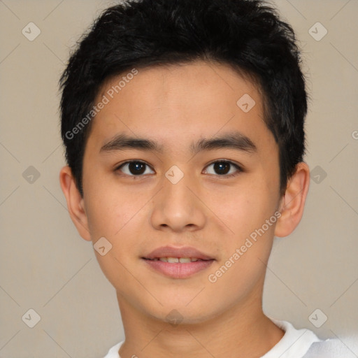 Joyful latino young-adult male with short  brown hair and brown eyes