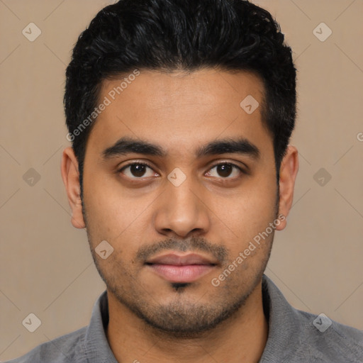 Neutral latino young-adult male with short  black hair and brown eyes