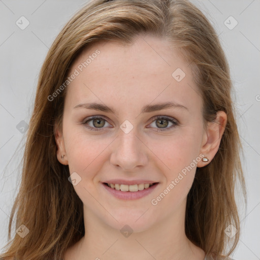 Joyful white young-adult female with long  brown hair and grey eyes