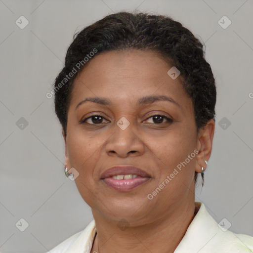 Joyful white adult female with short  brown hair and brown eyes