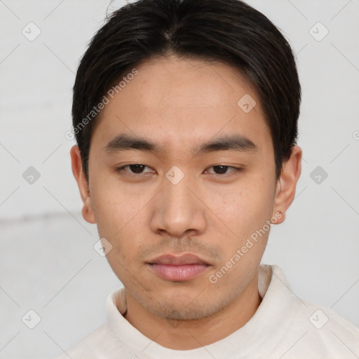 Neutral asian young-adult male with short  black hair and brown eyes