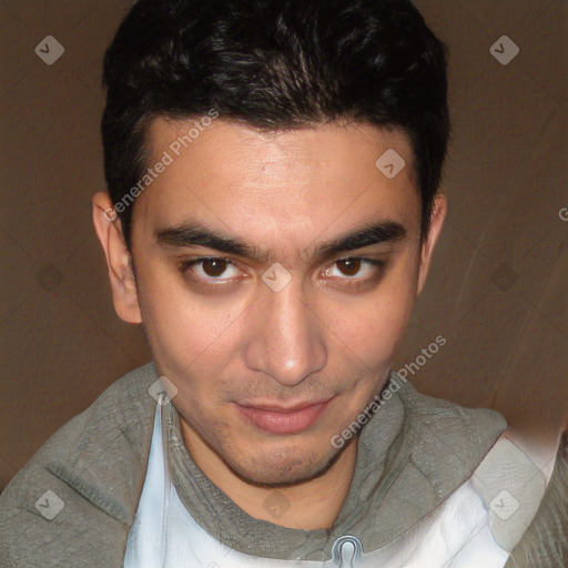 Joyful white young-adult male with short  black hair and brown eyes