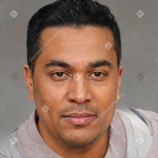 Joyful latino adult male with short  brown hair and brown eyes