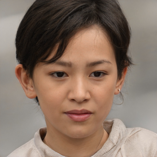 Joyful asian child female with medium  brown hair and brown eyes