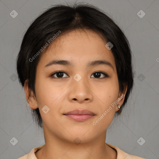 Joyful asian young-adult female with medium  brown hair and brown eyes