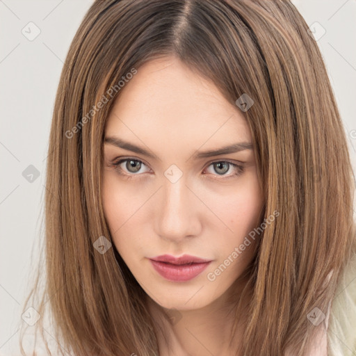 Neutral white young-adult female with long  brown hair and brown eyes