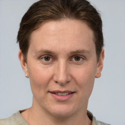 Joyful white adult female with short  brown hair and grey eyes