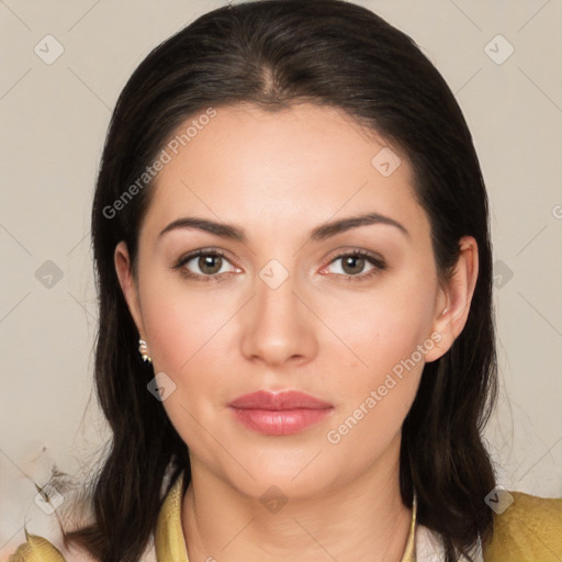 Neutral white young-adult female with medium  brown hair and brown eyes