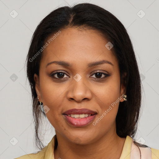 Joyful latino young-adult female with medium  brown hair and brown eyes