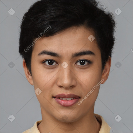 Joyful latino young-adult female with short  brown hair and brown eyes