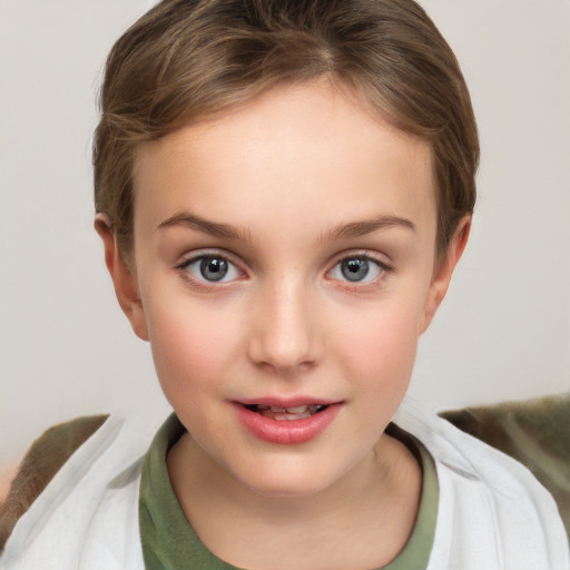 Joyful white child female with short  brown hair and brown eyes