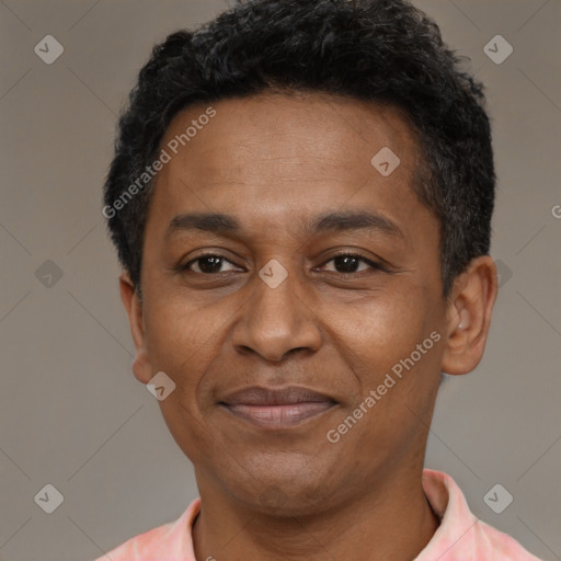 Joyful latino adult male with short  black hair and brown eyes