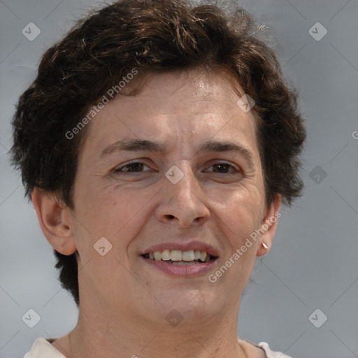 Joyful white adult female with short  brown hair and brown eyes