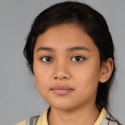 Neutral latino child female with medium  brown hair and brown eyes