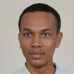 Neutral black young-adult male with short  black hair and brown eyes