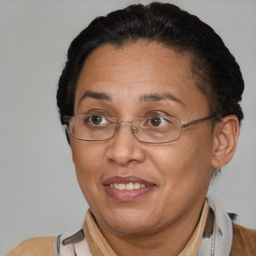 Joyful asian adult female with short  brown hair and brown eyes