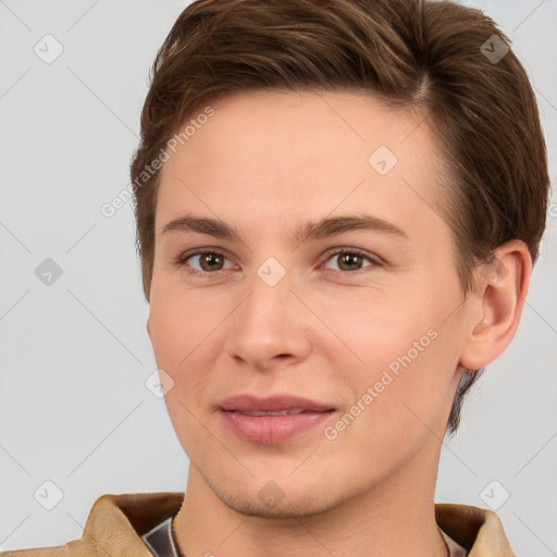 Joyful white young-adult female with short  brown hair and brown eyes