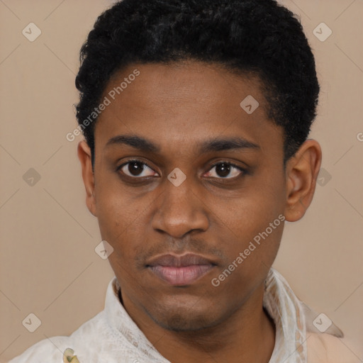 Neutral latino young-adult male with short  black hair and brown eyes
