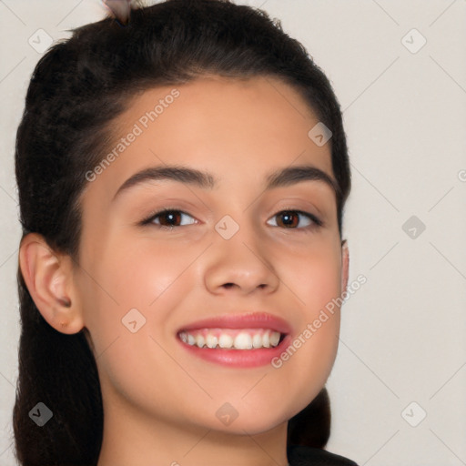 Joyful white young-adult female with long  black hair and brown eyes