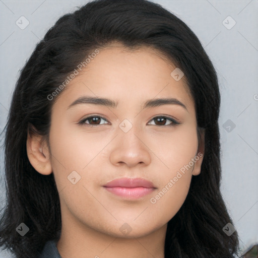 Joyful asian young-adult female with long  brown hair and brown eyes