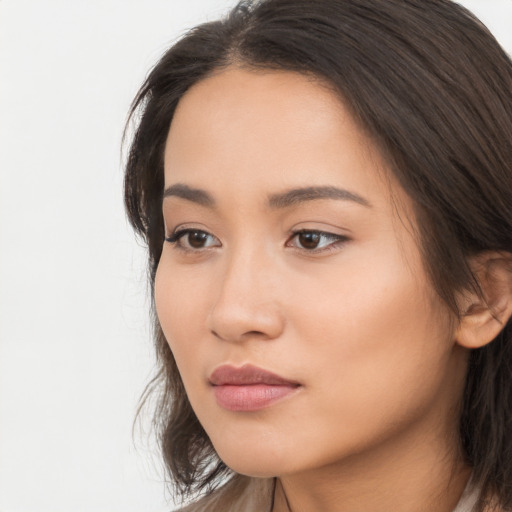 Neutral asian young-adult female with long  brown hair and brown eyes