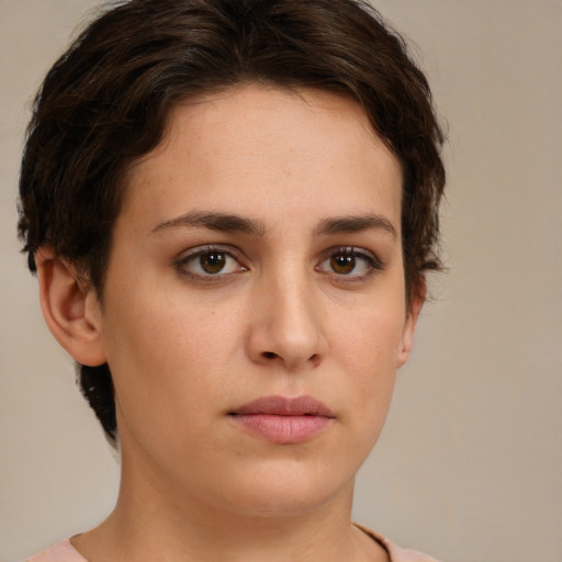 Neutral white young-adult female with short  brown hair and brown eyes