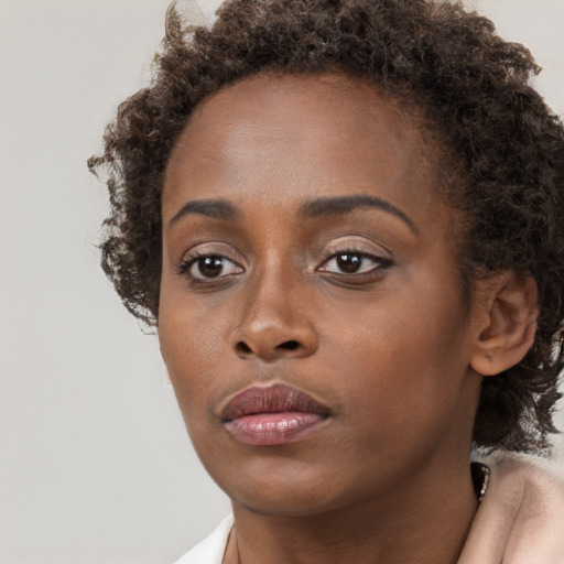 Neutral black young-adult female with short  brown hair and brown eyes