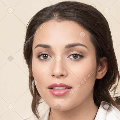 Neutral white young-adult female with medium  brown hair and brown eyes