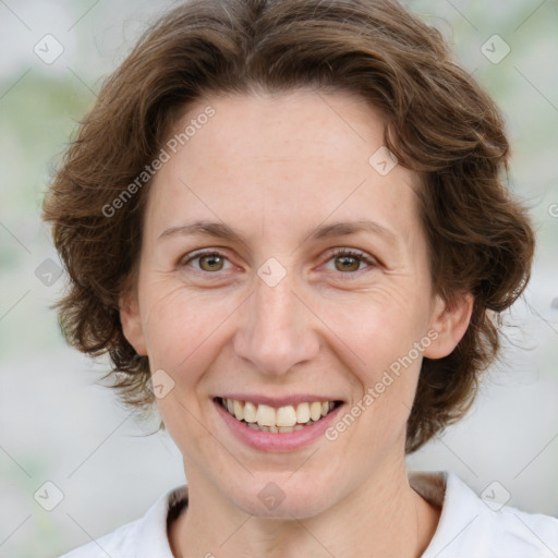 Joyful white young-adult female with medium  brown hair and green eyes