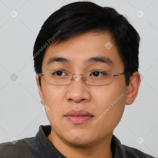 Neutral asian young-adult male with short  black hair and brown eyes