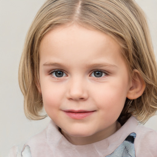 Joyful white child female with medium  brown hair and grey eyes