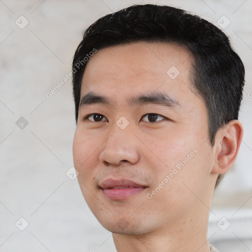 Neutral asian young-adult male with short  black hair and brown eyes