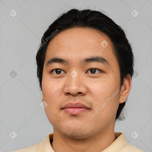 Neutral asian young-adult male with short  black hair and brown eyes