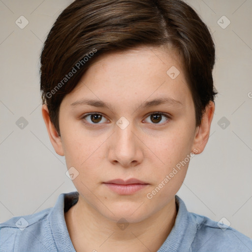 Neutral white young-adult female with short  brown hair and brown eyes