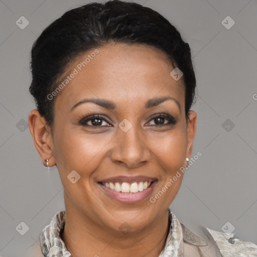 Joyful latino young-adult female with short  brown hair and brown eyes