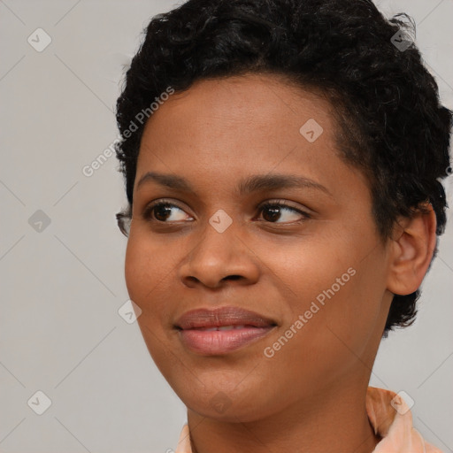 Joyful asian young-adult female with short  black hair and brown eyes