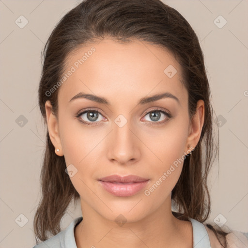 Neutral white young-adult female with medium  brown hair and brown eyes