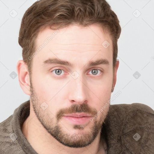 Neutral white young-adult male with short  brown hair and grey eyes