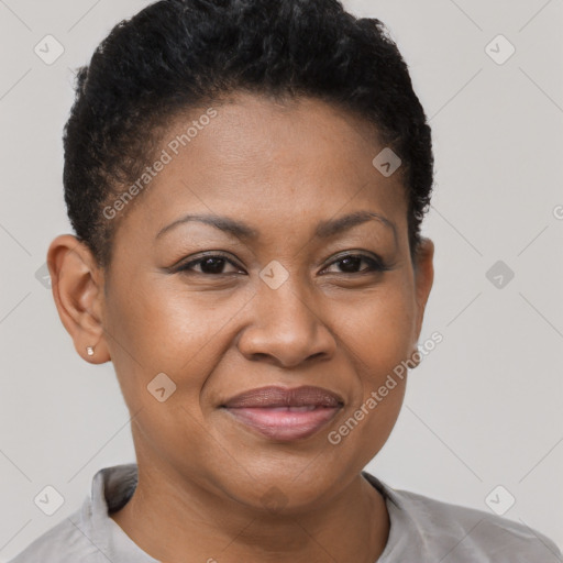 Joyful black adult female with short  brown hair and brown eyes