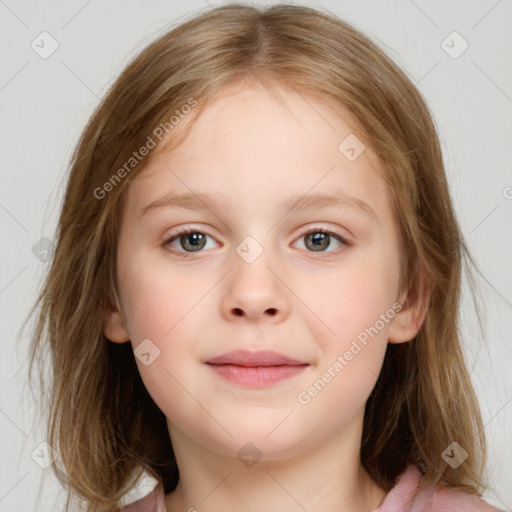 Neutral white child female with medium  brown hair and blue eyes