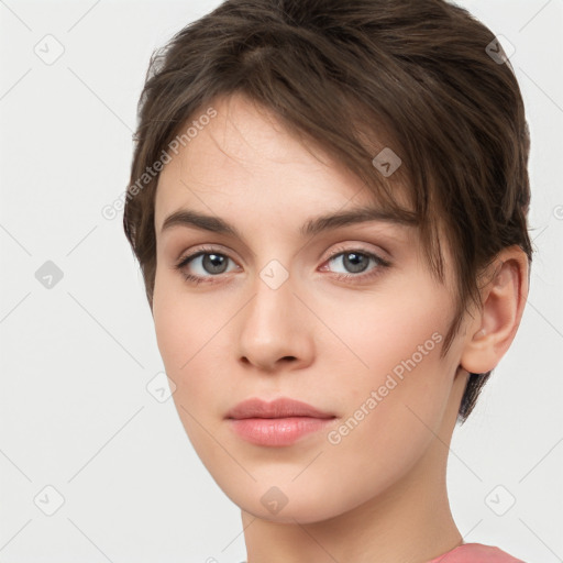 Neutral white young-adult female with short  brown hair and brown eyes