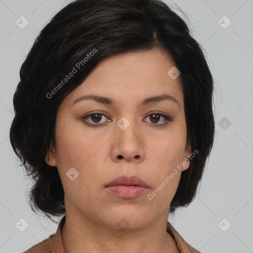 Neutral asian young-adult female with medium  brown hair and brown eyes