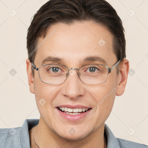 Joyful white adult male with short  brown hair and brown eyes