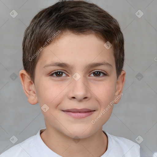 Joyful white child male with short  brown hair and brown eyes