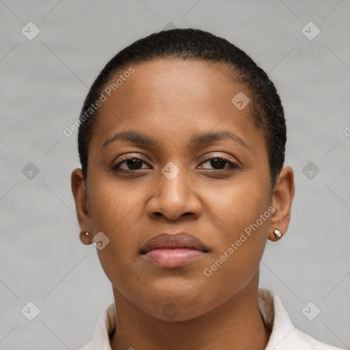 Neutral black young-adult female with short  brown hair and brown eyes