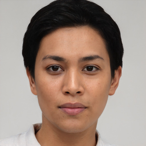 Neutral asian young-adult female with short  black hair and brown eyes