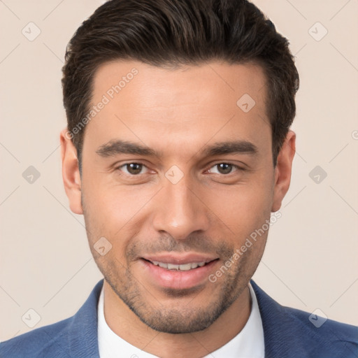 Joyful white young-adult male with short  brown hair and brown eyes