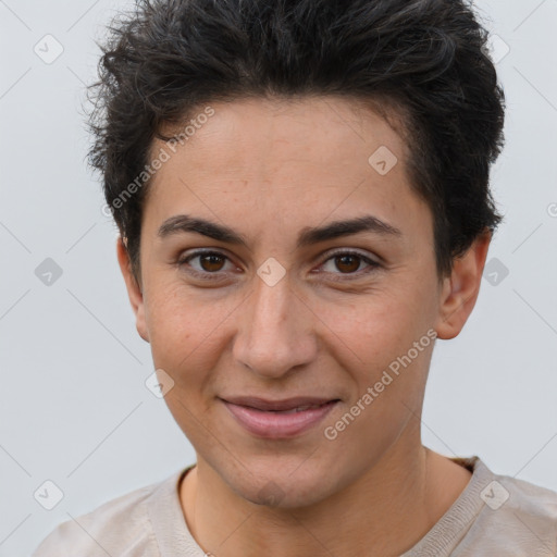 Joyful white young-adult female with short  brown hair and brown eyes